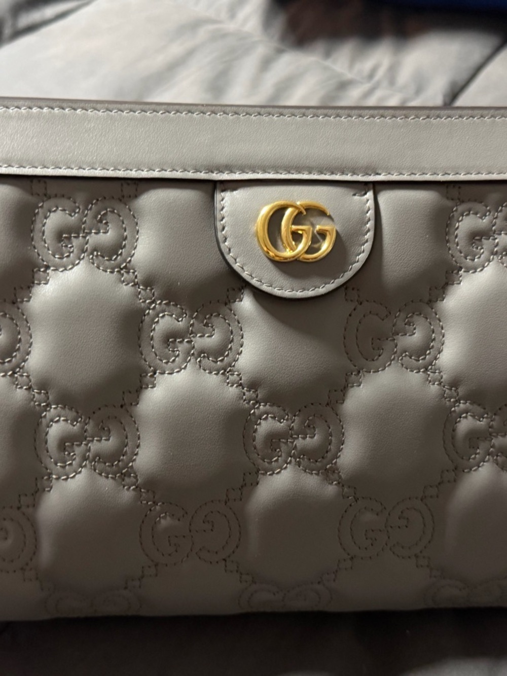 Gucci Gray Quilted GG Leather Shoulder Bag with Gold Double G